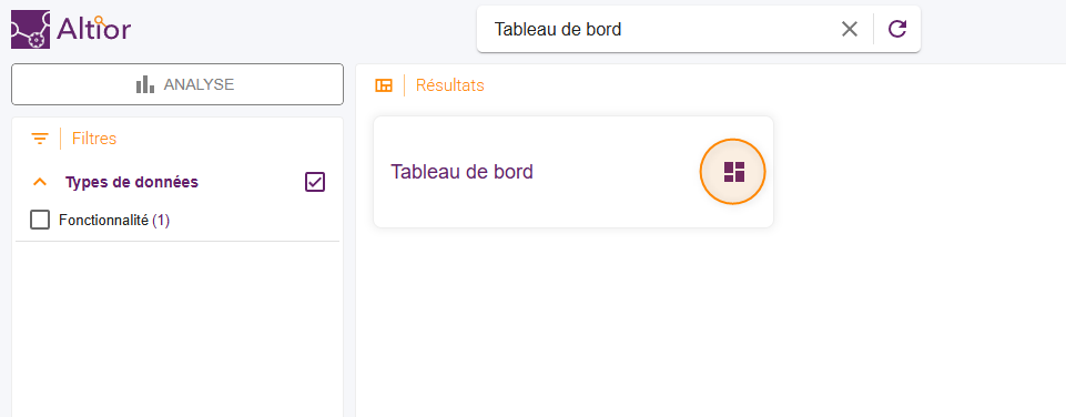 Recherche d'altior et vignette de fonctionnalité "Tableau de bord"